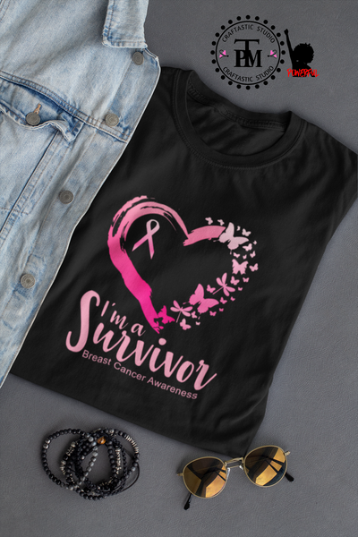 I'm A Survivor Heart Butterflies-Ribbon (Breast Cancer)